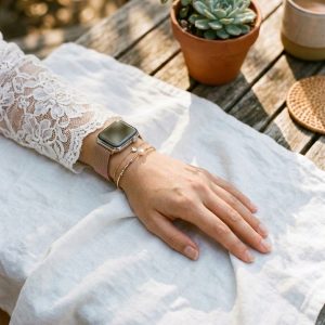 Model wearing Duo Gold Pink Milanese Loop For Apple Watch Apple Watch band