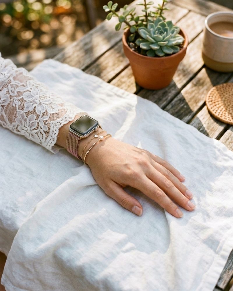 Model wearing Duo Gold Pink Milanese Loop For Apple Watch Apple Watch band