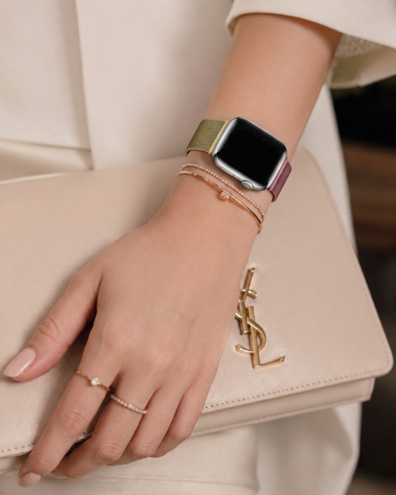 Model wearing Duo Gold Pink Milanese Loop For Apple Watch Apple Watch band