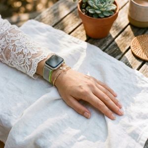 Model wearing Duo Green Silver Milanese Loop for Apple Watch Apple Watch band