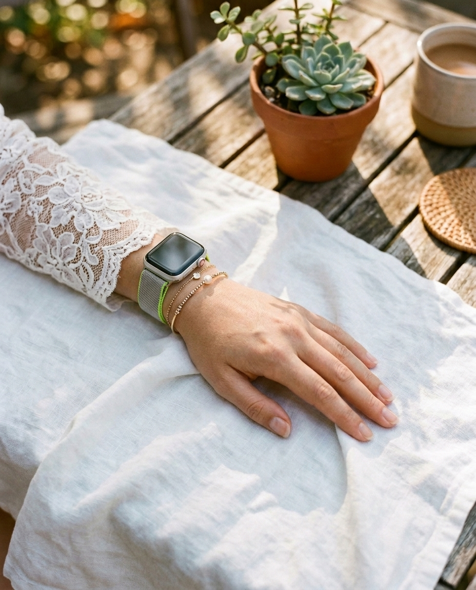 Model wearing Duo Green Silver Milanese Loop for Apple Watch Apple Watch band