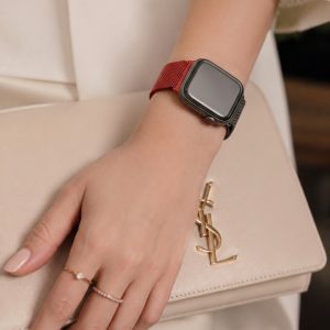Model wearing Duo Red Black Milanese Loop for Apple Watch Apple Watch band