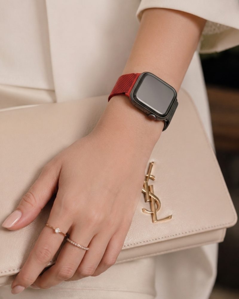 Model wearing Duo Red Black Milanese Loop for Apple Watch Apple Watch band