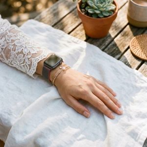 Model wearing Duo Red Black Milanese Loop for Apple Watch Apple Watch band