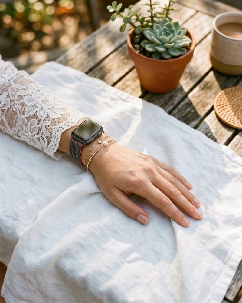 Model wearing Duo Red Black Milanese Loop for Apple Watch Apple Watch band
