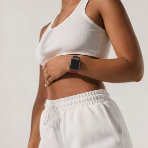 Model wearing Duo Red Black Milanese Loop for Apple Watch Apple Watch band