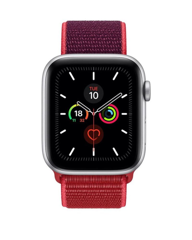 Red and magenta woven nylon Sport Loop band on silver aluminum Apple Watch