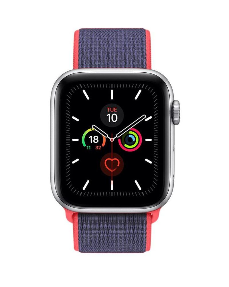 Electric Pink Sport Loop Apple Watch band in woven nylon with blue-purple accents