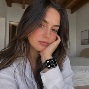 Model wearing Elektra Leather Band with Black Rivets for Apple Watch in Black Apple Watch band