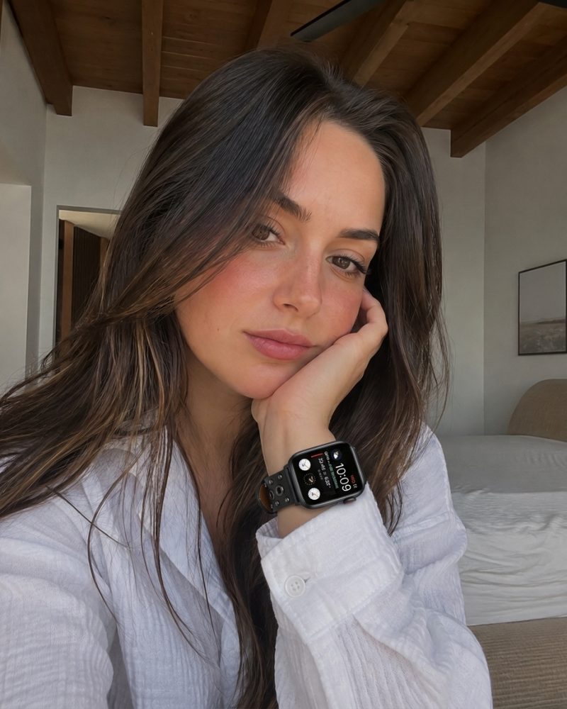 Model wearing Elektra Leather Band with Black Rivets for Apple Watch in Black Apple Watch band
