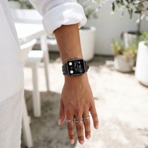 Model wearing Elektra Leather Band with Black Rivets for Apple Watch in Black Apple Watch band