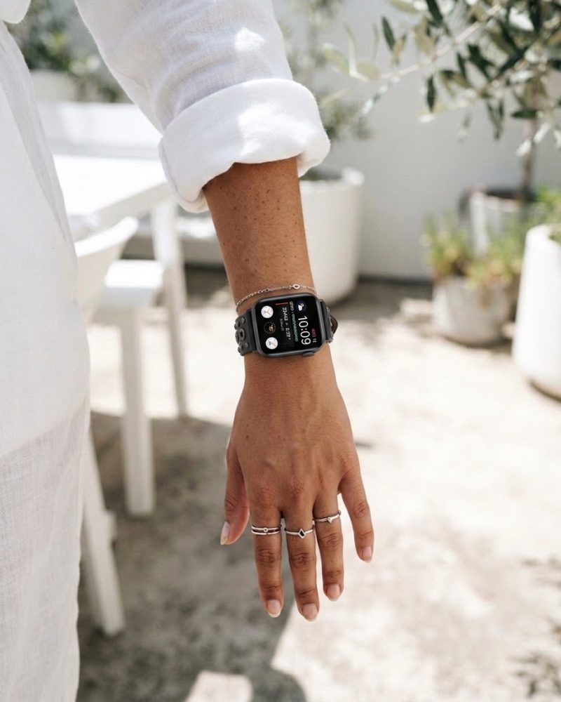 Model wearing Elektra Leather Band with Black Rivets for Apple Watch in Black Apple Watch band