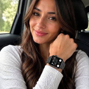 Model wearing Elektra Leather Band with Black Rivets for Apple Watch in Black Apple Watch band