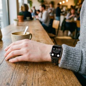 Model wearing Elektra Leather Band with Black Rivets for Apple Watch in Black Apple Watch band