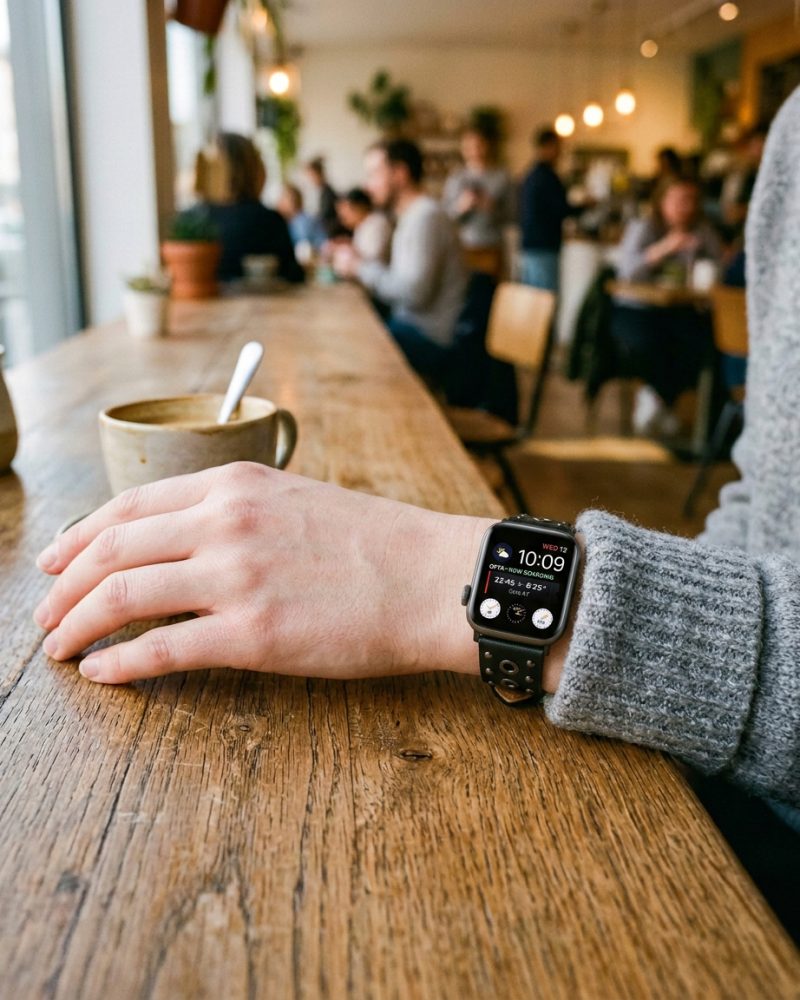 Model wearing Elektra Leather Band with Black Rivets for Apple Watch in Black Apple Watch band