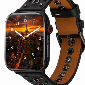 Model wearing Elektra Leather Band with Black Rivets for Apple Watch in Black Apple Watch band