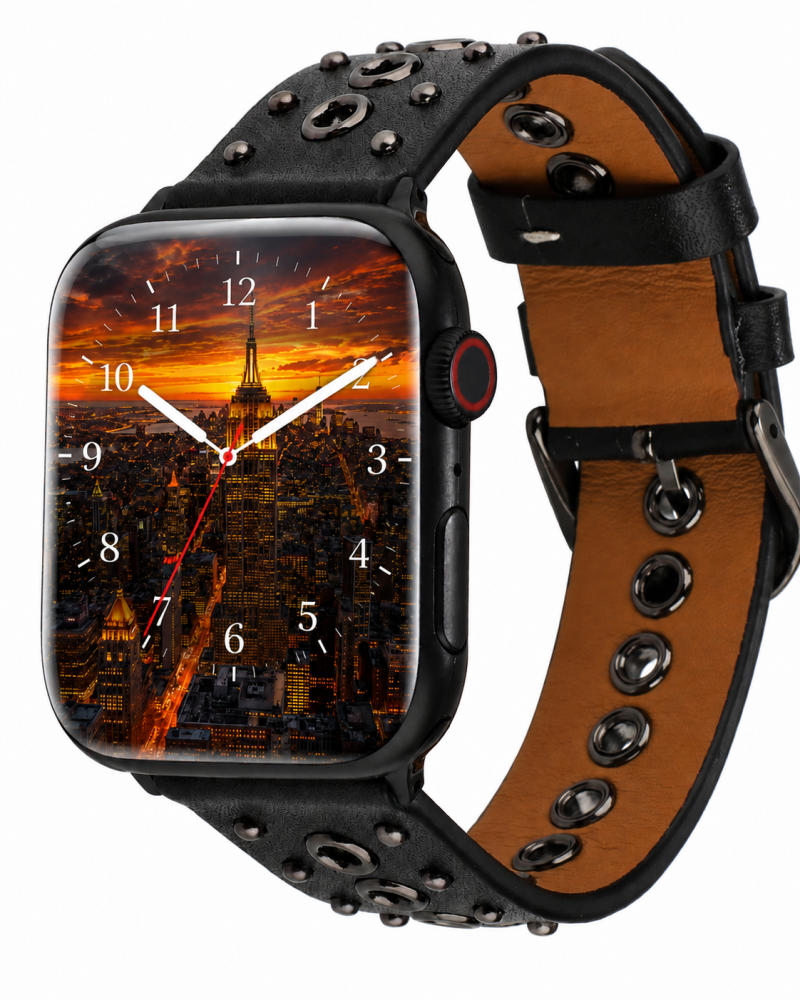 Model wearing Elektra Leather Band with Black Rivets for Apple Watch in Black Apple Watch band