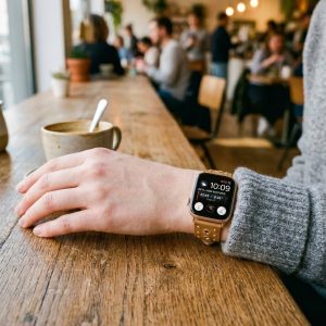 Model wearing Elektra Leather Band with Gold Rivets for Apple Watch in Brown Apple Watch band
