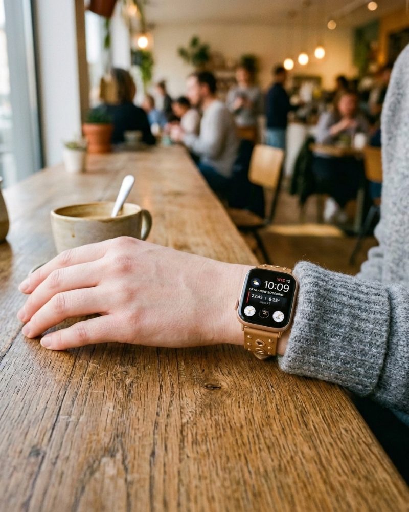 Model wearing Elektra Leather Band with Gold Rivets for Apple Watch in Brown Apple Watch band