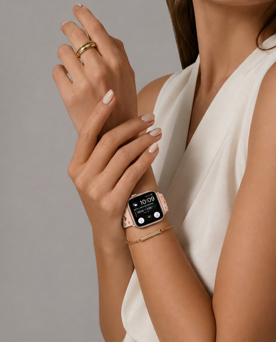 Model wearing Elektra Leather Band with Rose Gold Rivets for Apple Watch in Pink Apple Watch band