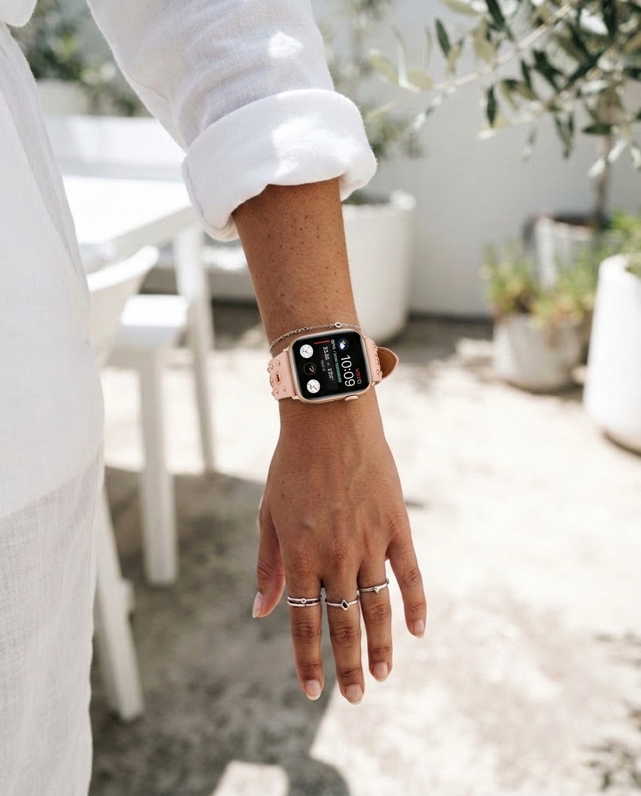 Model wearing Elektra Leather Band with Rose Gold Rivets for Apple Watch in Pink Apple Watch band