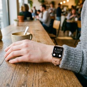 Model wearing Elektra Leather Band with Rose Gold Rivets for Apple Watch in Pink Apple Watch band