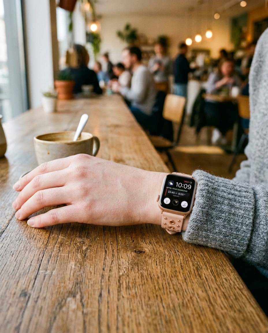 Model wearing Elektra Leather Band with Rose Gold Rivets for Apple Watch in Pink Apple Watch band