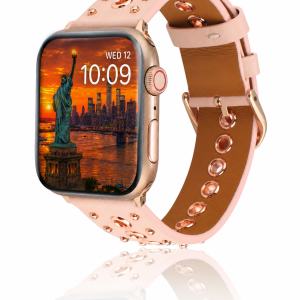 Model wearing Elektra Leather Band with Rose Gold Rivets for Apple Watch in Pink Apple Watch band
