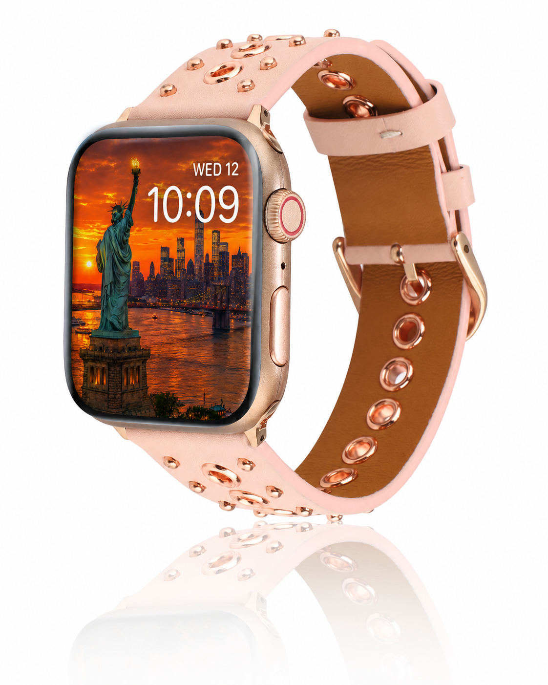 Model wearing Elektra Leather Band with Rose Gold Rivets for Apple Watch in Pink Apple Watch band