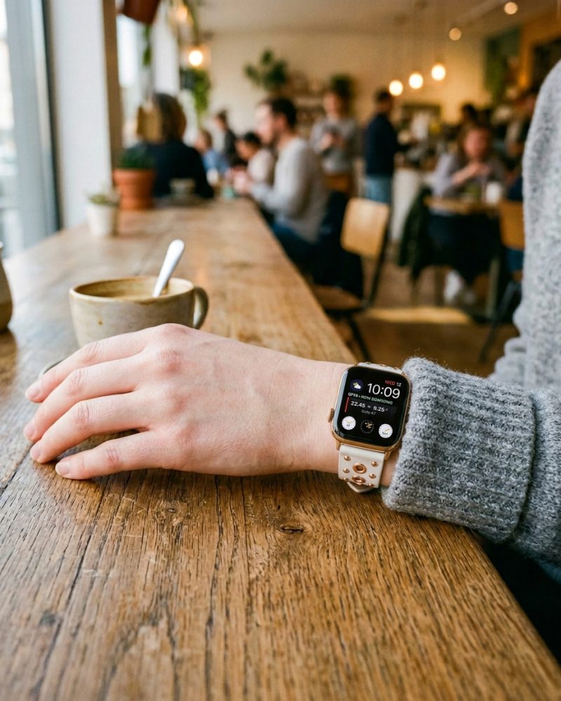 Model wearing Elektra Leather Band with Rose Gold Rivets for Apple Watch in White Apple Watch band