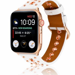 Model wearing Elektra Leather Band with Rose Gold Rivets for Apple Watch in White Apple Watch band