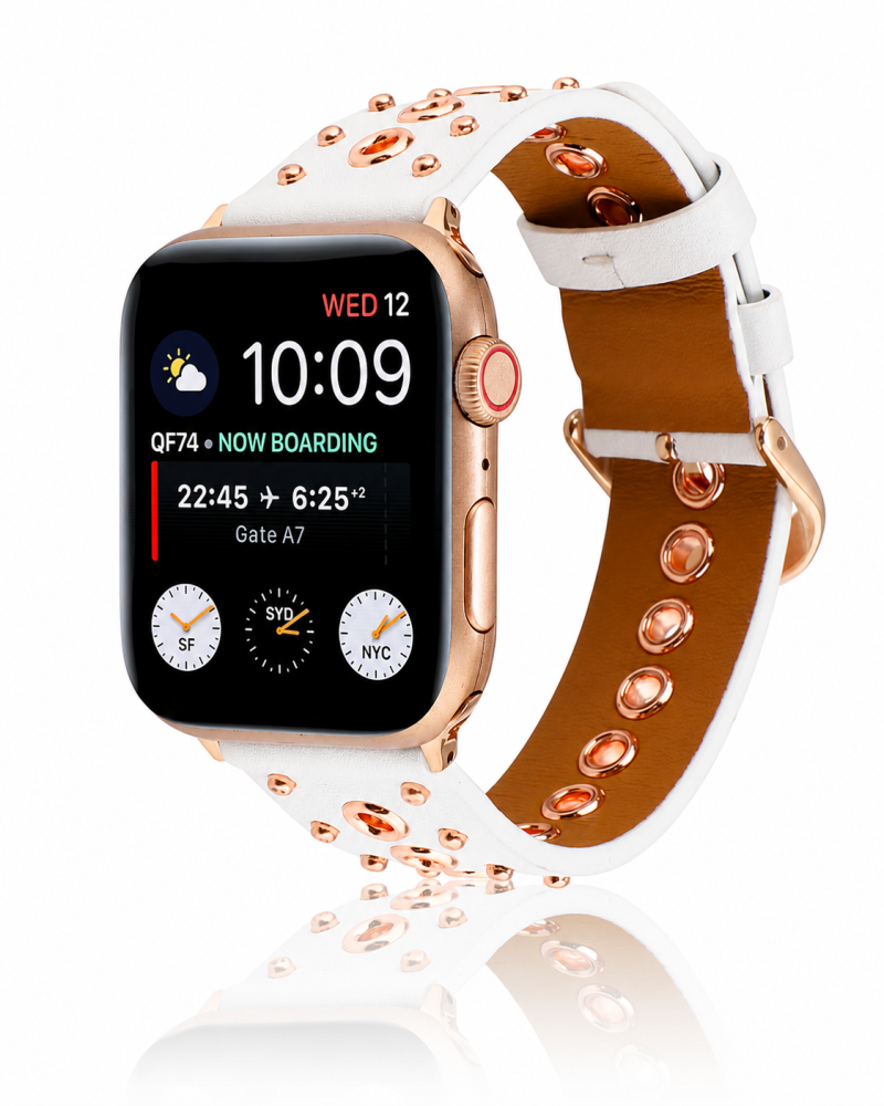 Model wearing Elektra Leather Band with Rose Gold Rivets for Apple Watch in White Apple Watch band