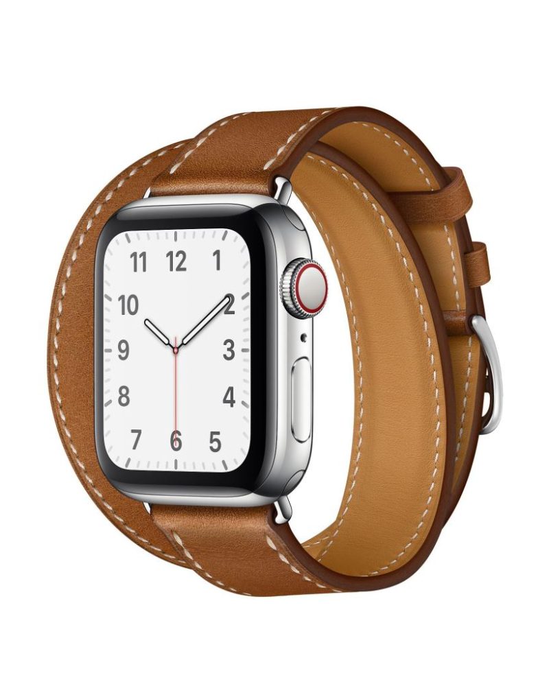 Tan leather Apple Watch double-tour band with white stitching and silver buckle