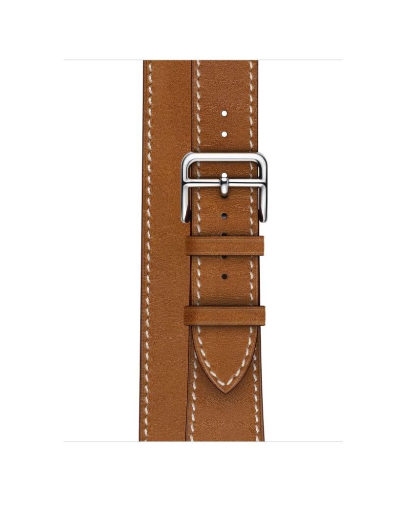 Fauve tan leather Apple Watch double tour strap with silver buckle