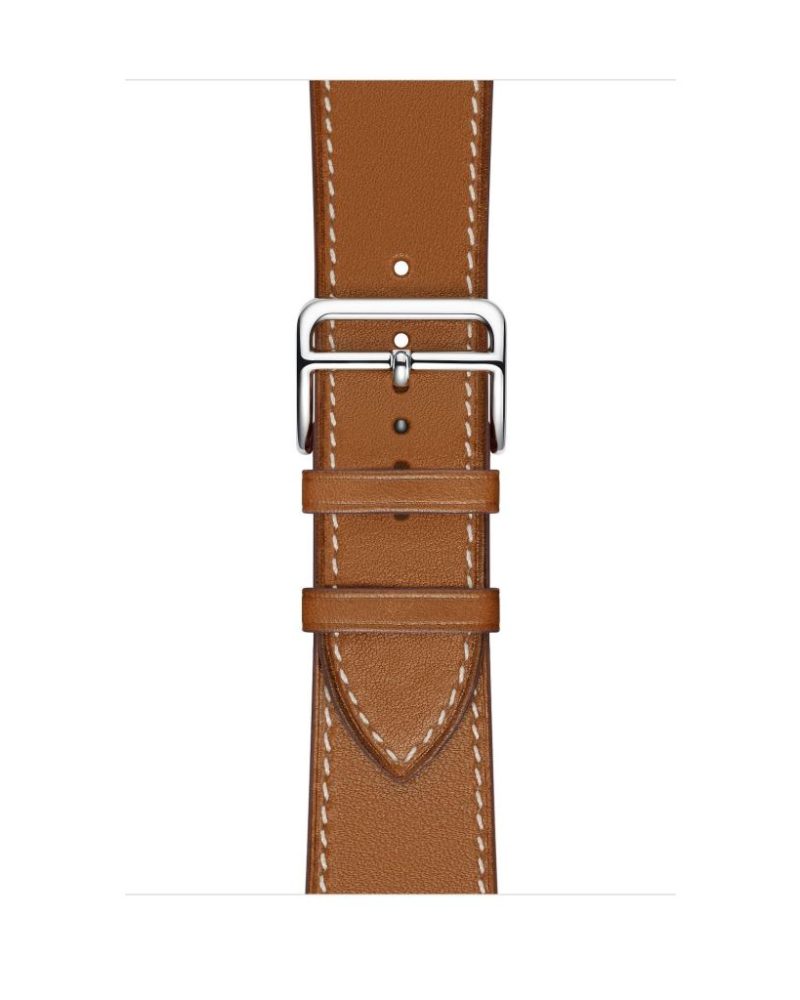 Tan leather Apple Watch single tour strap with silver buckle and contrast stitching
