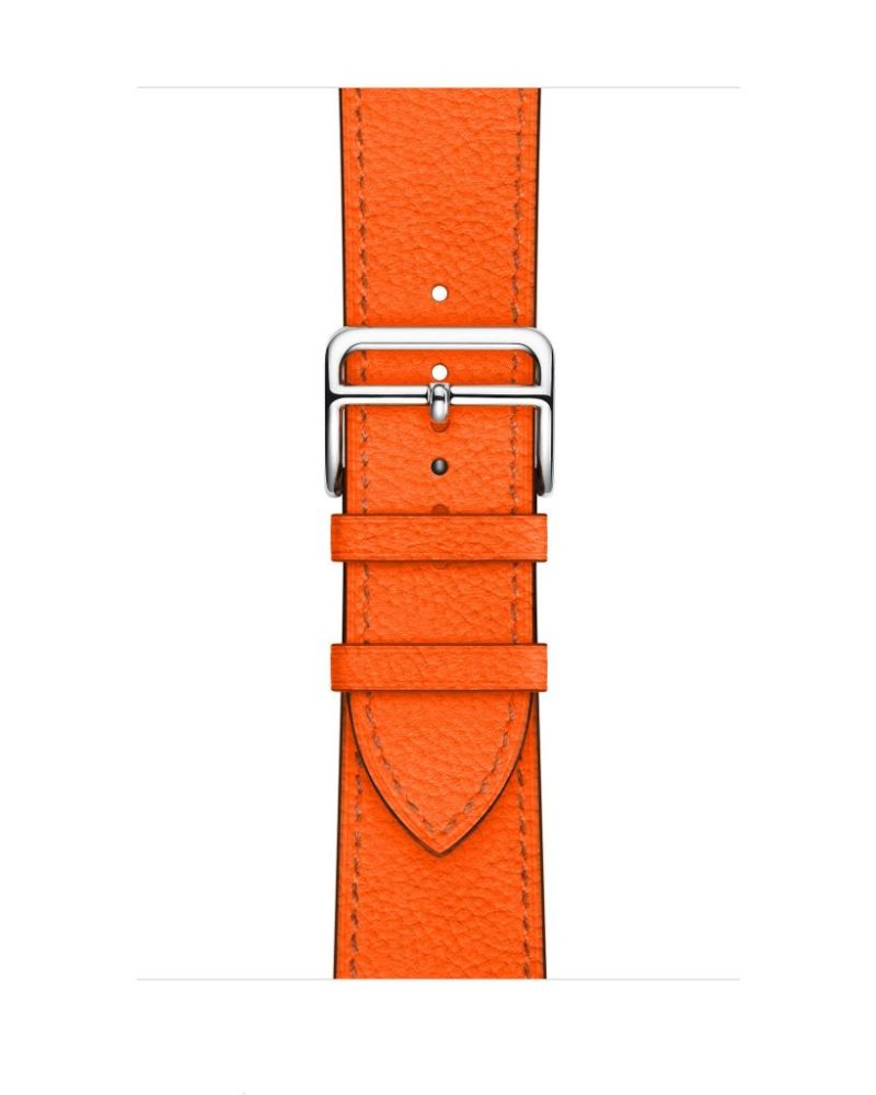 Orange leather Apple Watch band with silver buckle clasp and keeper loops