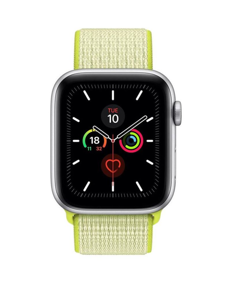 Neon yellow woven nylon Apple Watch Sport Loop band with silver case