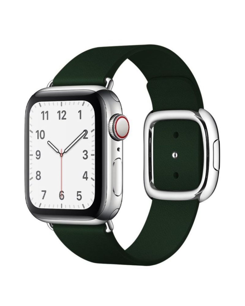 Forest Green leather Apple Watch band with polished silver modern buckle clasp