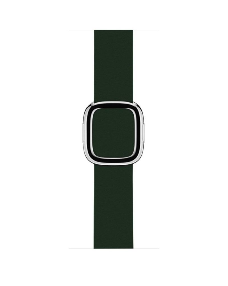 Forest green leather Apple Watch band with polished silver modern buckle