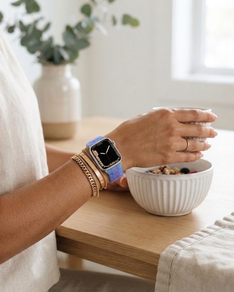 Model wearing Giselle Band for Apple Watch in Blue Phantom Apple Watch band