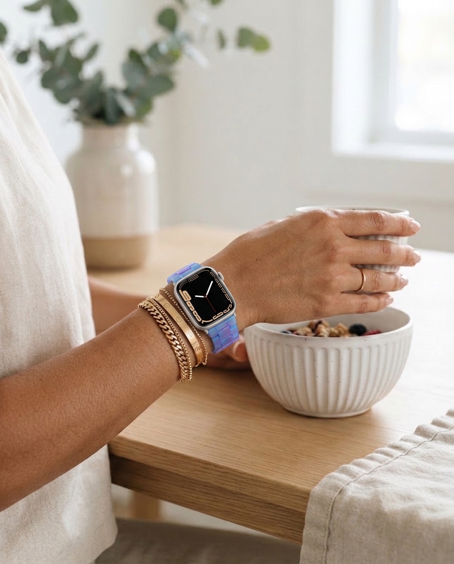 Model wearing Giselle Band for Apple Watch in Blue Phantom Apple Watch band