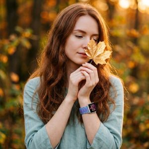 Model wearing Giselle Band for Apple Watch in Blue Phantom Apple Watch band