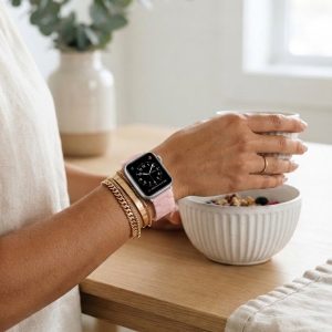 Model wearing Giselle Band for Apple Watch in Pearl Pink Apple Watch band