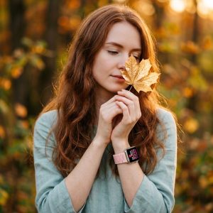 Model wearing Giselle Band for Apple Watch in Pearl Pink Apple Watch band