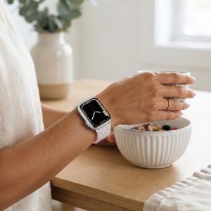 Model wearing Giselle Band for Apple Watch in Pearl White Apple Watch band