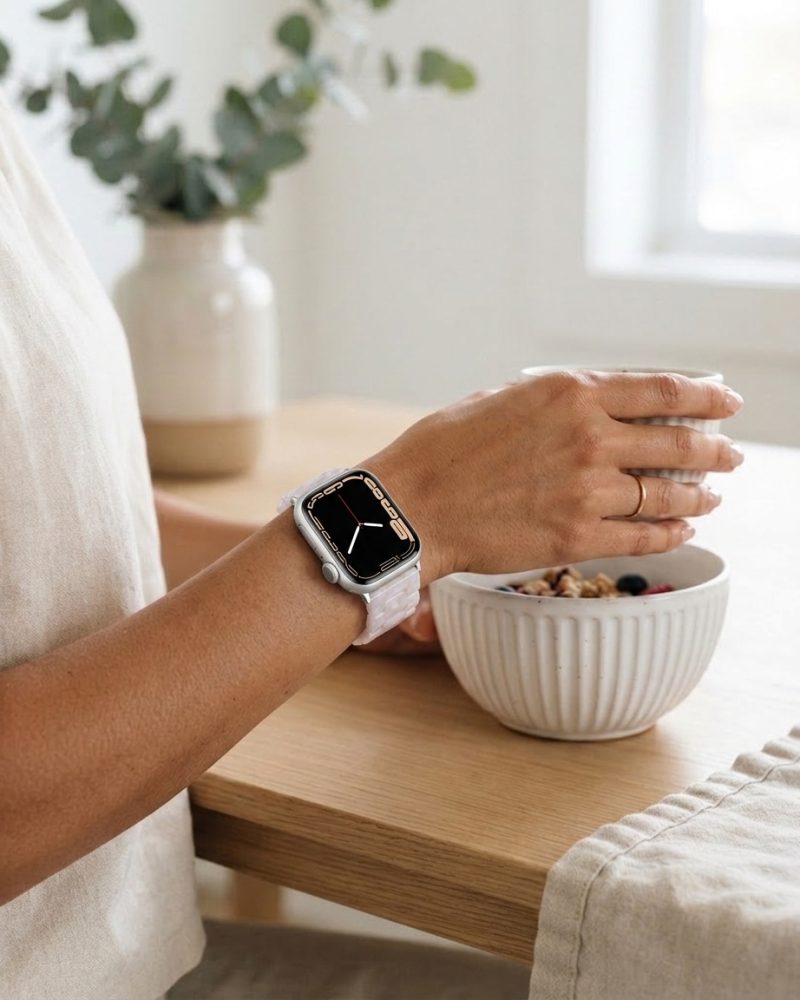 Model wearing Giselle Band for Apple Watch in Pearl White Apple Watch band