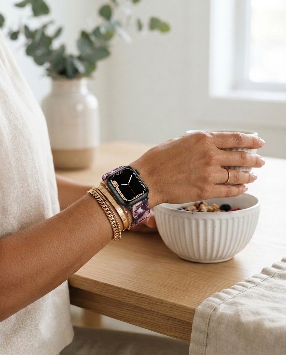 Model wearing Giselle Band for Apple Watch in Purple Rain Apple Watch band