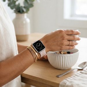 Model wearing Giselle Band for Apple Watch in Rose Quartz Apple Watch band