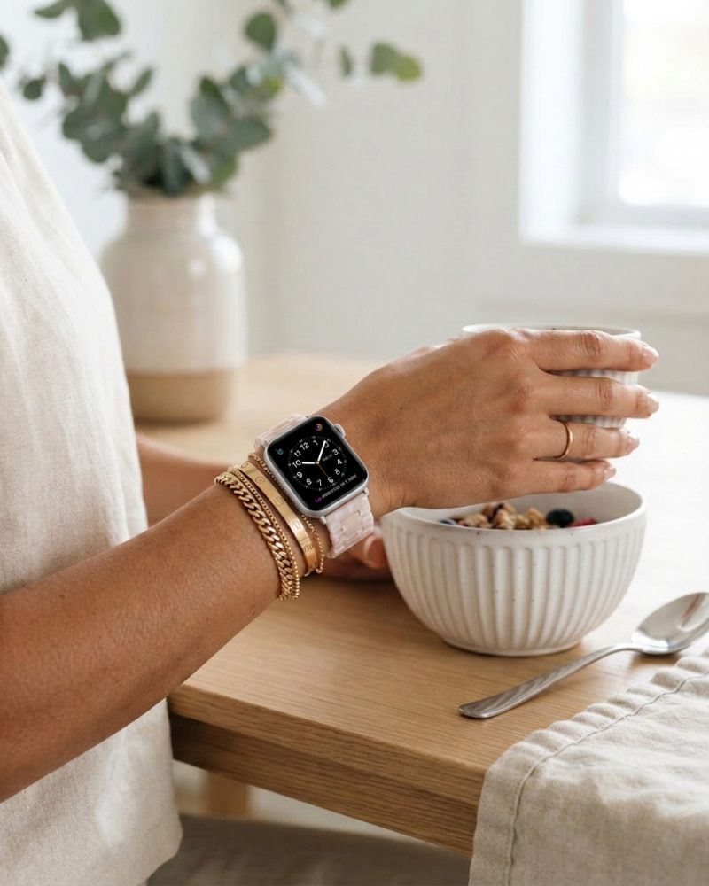Model wearing Giselle Band for Apple Watch in Rose Quartz Apple Watch band