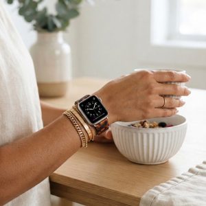 Model wearing Giselle Band for Apple Watch in Tortoiseshell Apple Watch band